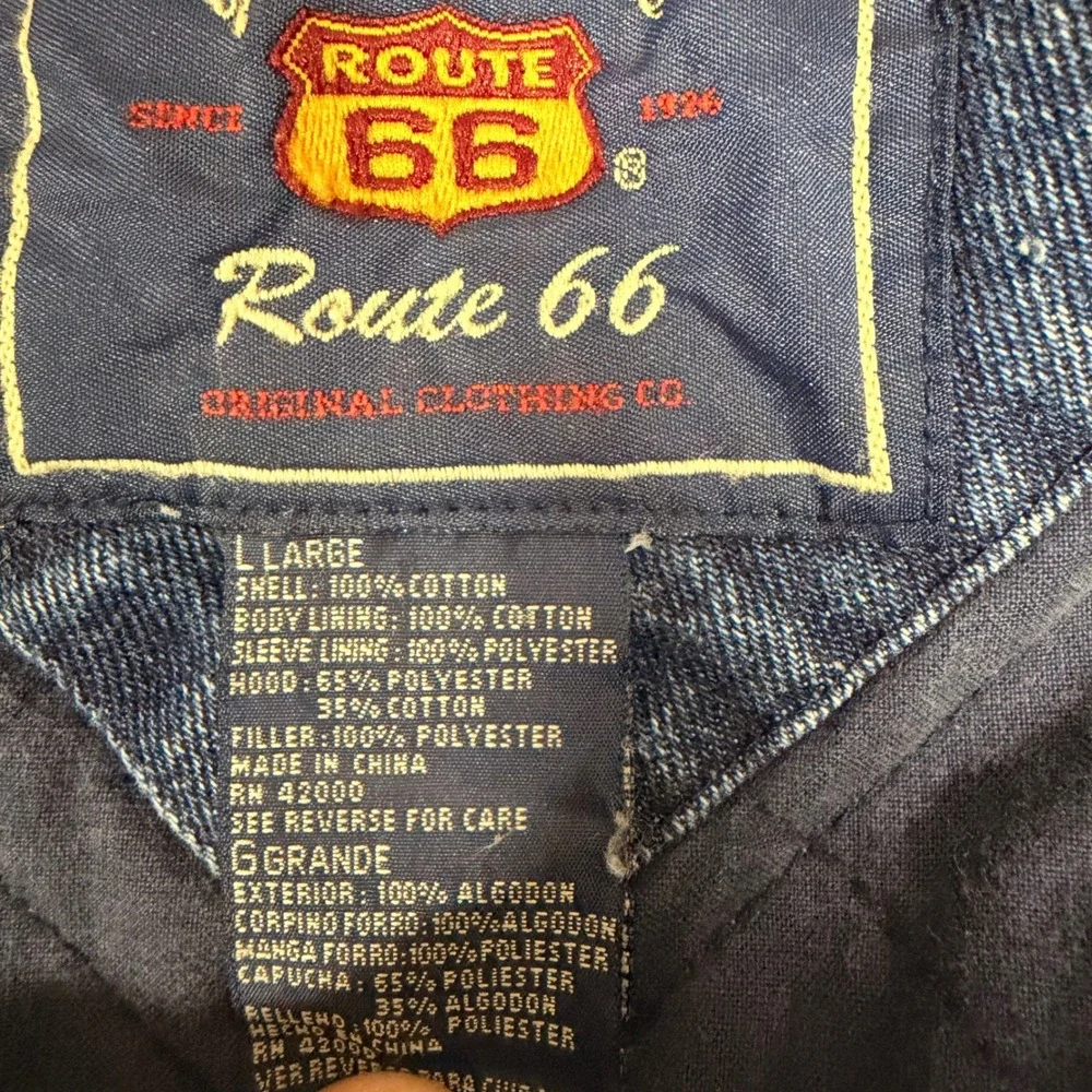 Route 66 Denim Varsity Jacket Mens Large Blue Tan Good Quilted Bomber barn